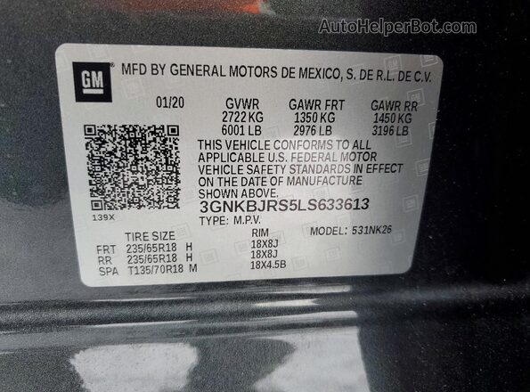 3GNKBJRS5LS633613 2020 CHEVROLET BLAZER Gray Widok naklejki z numerem VIN