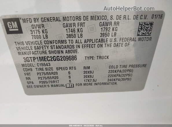 3GTP1MEC2GG209686 2016 GMC SIERRA White Widok komory silnika