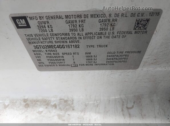 3GTU2MEC4GG167182 2016 GMC SIERRA White ძრავის განყოფილების ხედი