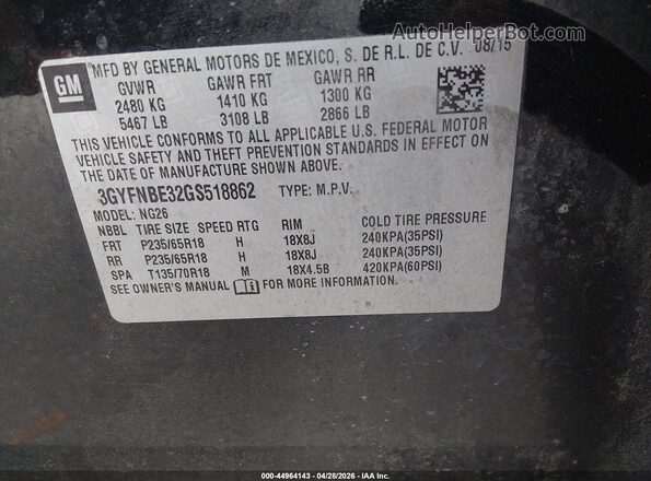 3GYFNBE32GS518862 2016 CADILLAC SRX Black Вид підкапотного простору