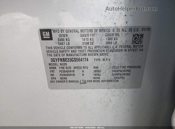 3GYFNBE33GS584174 2016 CADILLAC SRX Silver Вид підкапотного простору