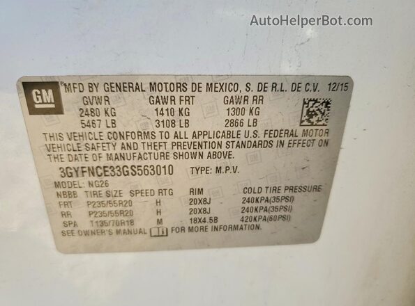 3GYFNCE33GS563010 2016 CADILLAC SRX White Շարժիչի բաժամունքի տեսք