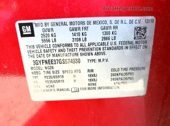 3GYFNEE37GS574930 2016 CADILLAC SRX Red Widok komory silnika