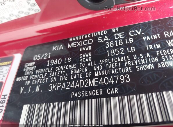 3KPA24AD2ME404793 2021 KIA RIO Красный Вид подкапотного пространства