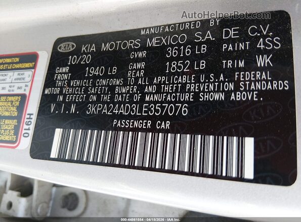 3KPA24AD3LE357076 2020 KIA RIO Gray Widok komory silnika