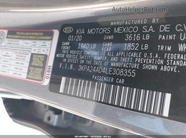 3KPA24AD4LE308355 2020 KIA RIO Blue Widok komory silnika