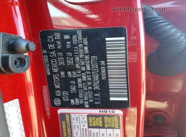 3KPA24AD7LE337719 2020 KIA RIO Красный Вид наклейки с VIN-кодом
