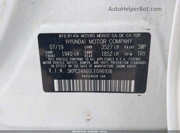 3KPC24A60LE096936 2020 HYUNDAI ACCENT White Widok komory silnika