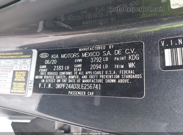 3KPF24AD3LE256741 2020 KIA FORTE Gray Вид підкапотного простору
