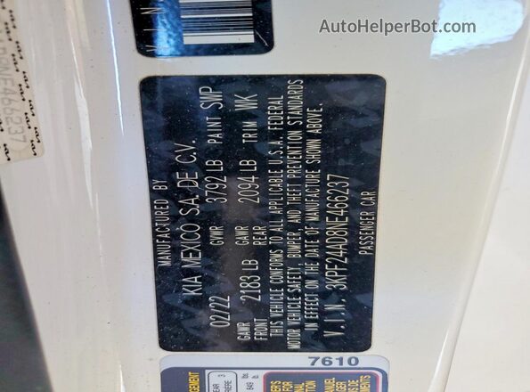 3KPF24AD8NE466237 2022 KIA FORTE White Widok naklejki z numerem VIN