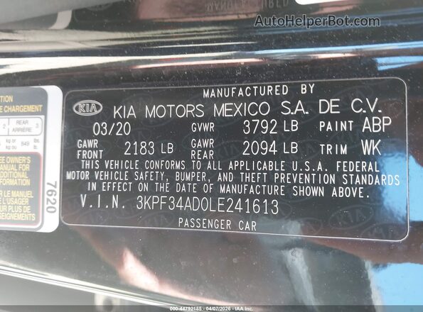 3KPF34AD0LE241613 2020 KIA FORTE Черный Вид подкапотного пространства