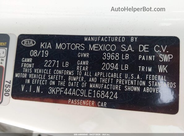 3KPF44AC9LE168424 2020 KIA FORTE Белый Вид подкапотного пространства