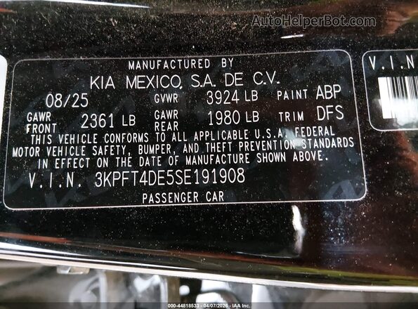 3KPFT4DE5SE191908 2025 KIA K4 Black Вид підкапотного простору