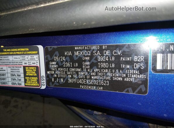 3KPFU4DEXSE021623 2025 KIA K4 Синий Вид подкапотного пространства