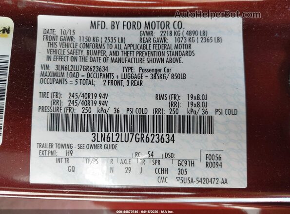 3LN6L2LU7GR623634 2016 LINCOLN MKZ HYBRID Maroon Engine compartment view