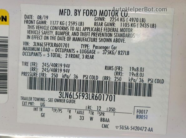 3LN6L5F93LR601701 2020 LINCOLN MKZ White Vista de la etiqueta del VIN