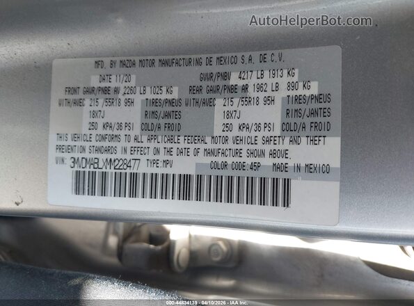 3MVDMABLXMM228477 2021 MAZDA CX-30 Серебряный Вид подкапотного пространства