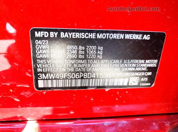 3MW49FS06P8D41536 2023 BMW M3 Red Вид підкапотного простору