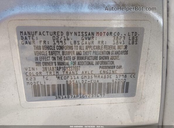 3N1AB7AP1GY237697 2016 NISSAN SENTRA Серебряный Вид подкапотного пространства