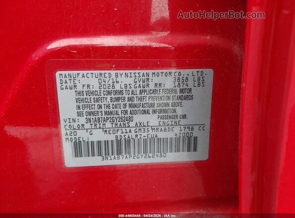 3N1AB7AP2GY262480 2016 NISSAN SENTRA Red Widok komory silnika