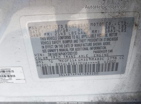 3N1AB7AP4KY283100 2019 NISSAN SENTRA White ძრავის განყოფილების ხედი