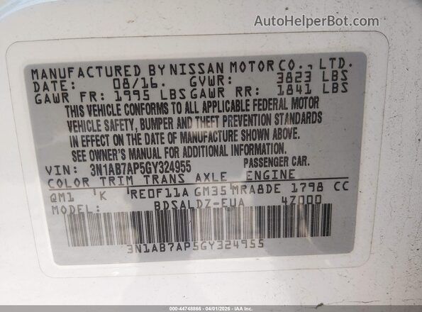 3N1AB7AP5GY324955 2016 NISSAN SENTRA Белый Вид подкапотного пространства