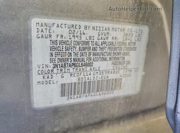 3N1AB7AP6GL646002 2016 NISSAN SENTRA Gray ძრავის განყოფილების ხედი