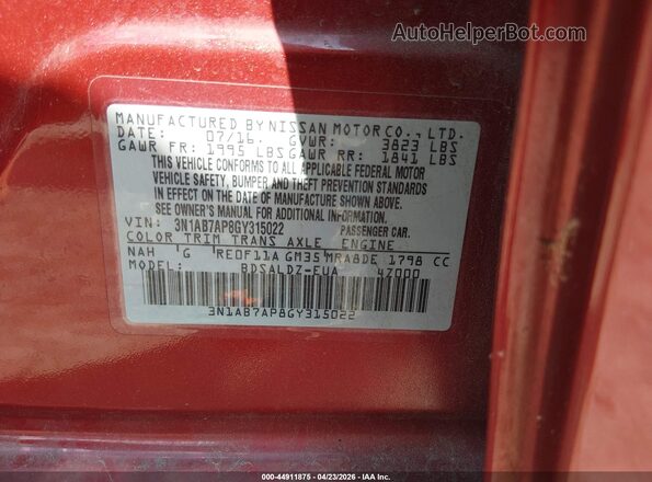3N1AB7AP8GY315022 2016 NISSAN SENTRA Красный Вид подкапотного пространства