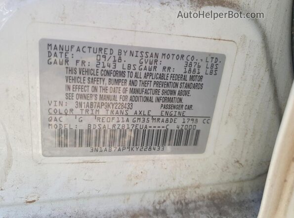 3N1AB7AP9KY228433 2019 NISSAN SENTRA White Widok komory silnika