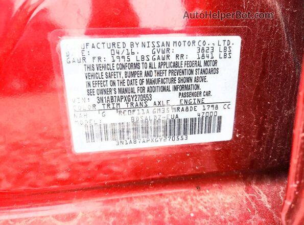 3N1AB7APXGY270553 2016 NISSAN SENTRA Red Շարժիչի բաժամունքի տեսք