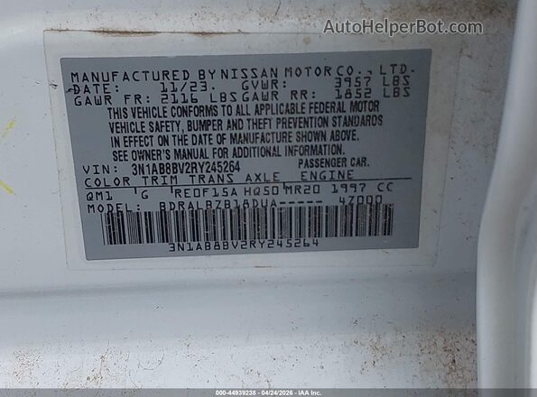 3N1AB8BV2RY245264 2024 NISSAN SENTRA White Vista del compartimento del motor