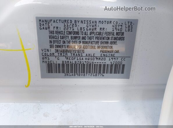 3N1AB9BV8TY218776 2026 NISSAN SENTRA White Vista del compartimento del motor
