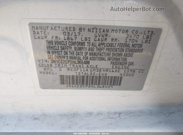3N1CE2CP2HL368409 2017 NISSAN VERSA NOTE White ძრავის განყოფილების ხედი