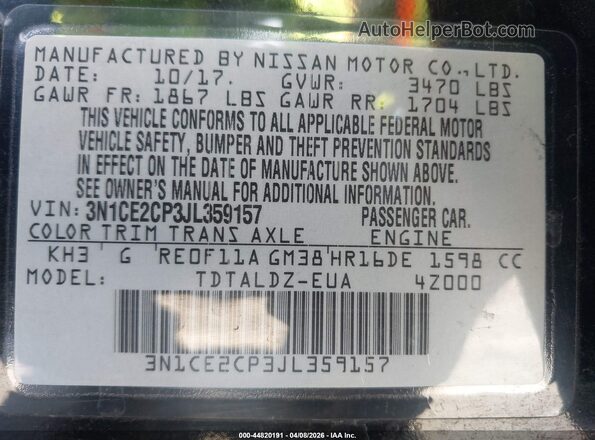 3N1CE2CP3JL359157 2018 NISSAN VERSA NOTE Black Vista del compartimento del motor
