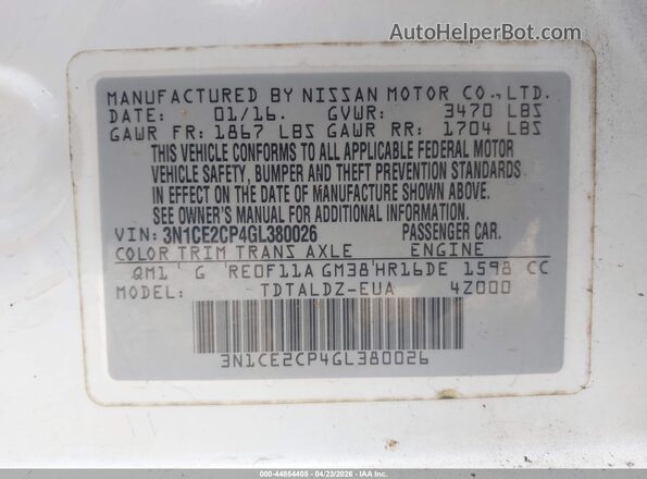 3N1CE2CP4GL380026 2016 NISSAN VERSA NOTE White Vista del compartimento del motor