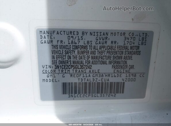 3N1CE2CP5GL357242 2016 NISSAN VERSA NOTE White Widok komory silnika