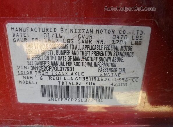 3N1CE2CP7GL377931 2016 NISSAN VERSA Красный Вид наклейки с VIN-кодом