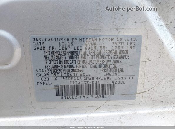 3N1CE2CP9GL368356 2016 NISSAN VERSA NOTE Silver Widok komory silnika