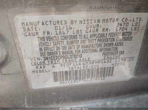 3N1CE2CP9GL378210 2016 NISSAN VERSA NOTE Серый Вид подкапотного пространства