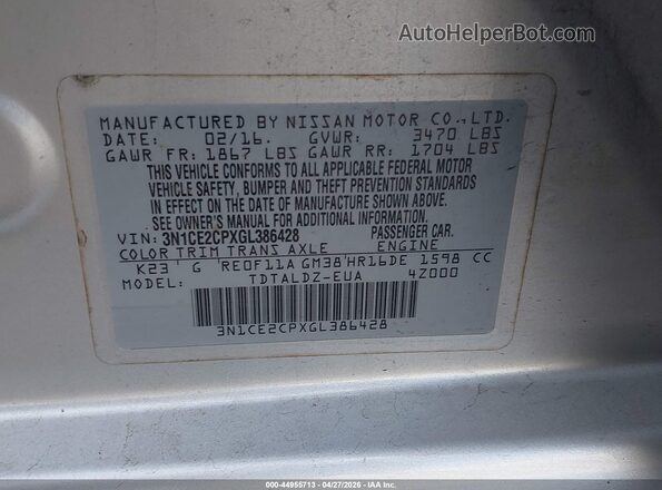 3N1CE2CPXGL386428 2016 NISSAN VERSA NOTE Silver Widok komory silnika