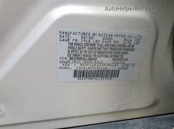3N1CP5BV4LL509422 2020 NISSAN KICKS Silver VIN sticker view
