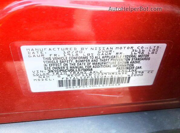 3N1CP5CV0LL575058 2020 NISSAN KICKS Red VIN sticker view