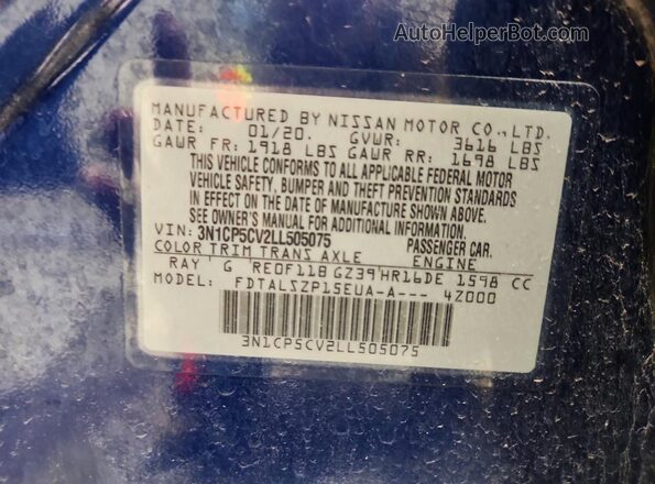 3N1CP5CV2LL505075 2020 NISSAN KICKS Blue Widok naklejki z numerem VIN