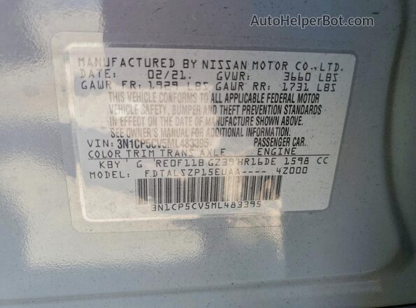 3N1CP5CV5ML483395 2021 NISSAN KICKS Gray Vista de la etiqueta del VIN