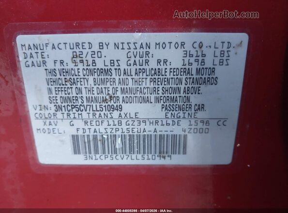 3N1CP5CV7LL510949 2020 NISSAN KICKS Red Vista del compartimento del motor