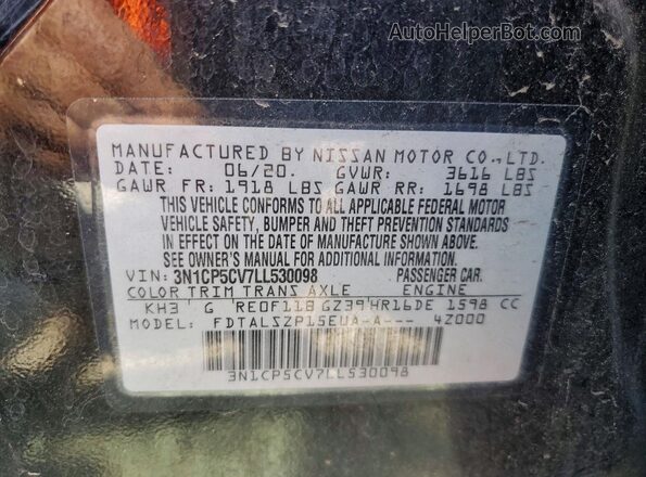 3N1CP5CV7LL530098 2020 NISSAN KICKS Черный Вид наклейки с VIN-кодом