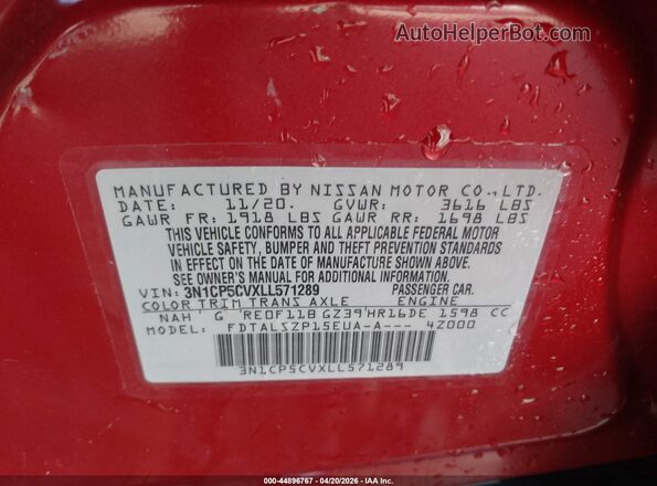 3N1CP5CVXLL571289 2020 NISSAN KICKS Red ძრავის განყოფილების ხედი