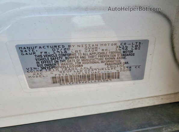 3N1CP5DV2LL531089 2020 NISSAN KICKS White Vista interior de 360 grados
