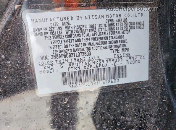 3N8AP6CB2TL372600 2026 NISSAN KICKS Black VIN կոդի պիտակի տեսք