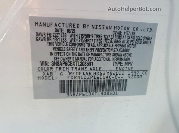 3N8AP6CBXTL308501 2026 NISSAN KICKS Белый Вид наклейки с VIN-кодом